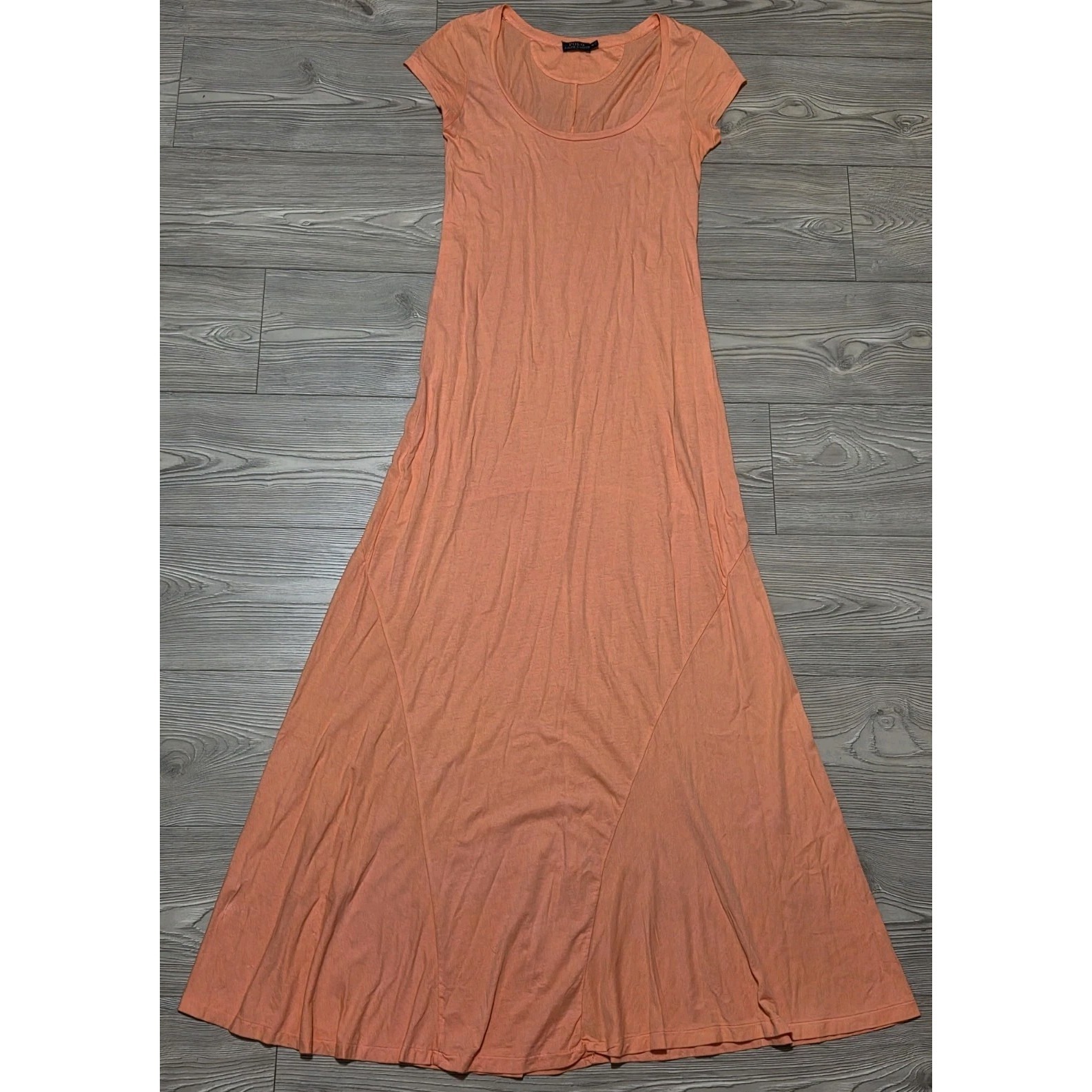 Polo Ralph Lauren Shirt Maxi Dress Womens M Long Coral Orange Blue Pony *Flaw*
